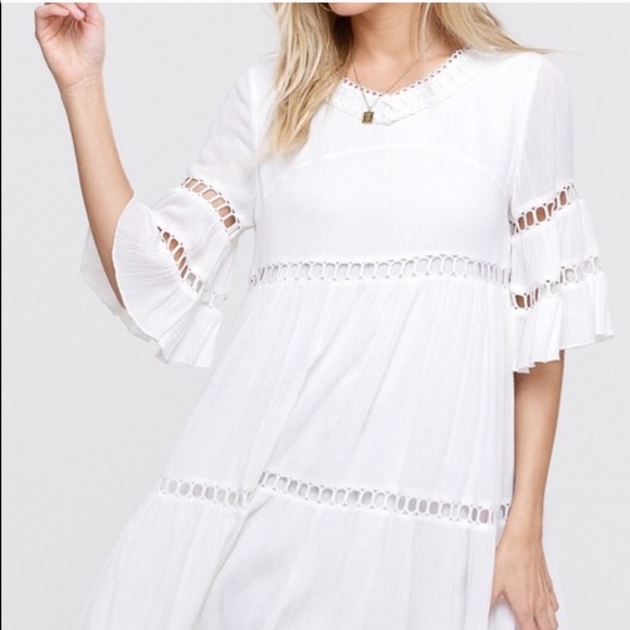 Bell sleeve ruffle crochet detail babydoll dress - Picture 2 of 7